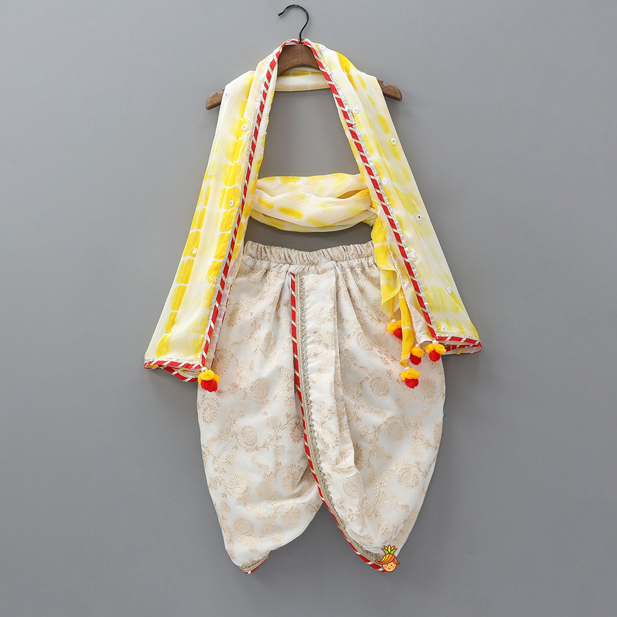 Festive Floral Brocade Dhoti Set With Tie Dye Stole And Waist Belt