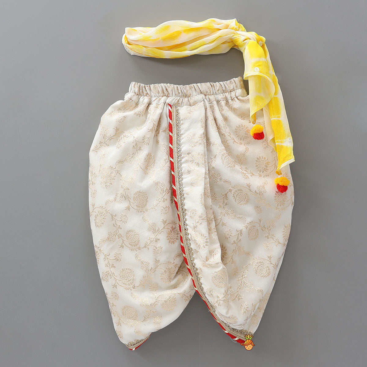 Festive Floral Brocade Dhoti Set With Tie Dye Stole And Waist Belt
