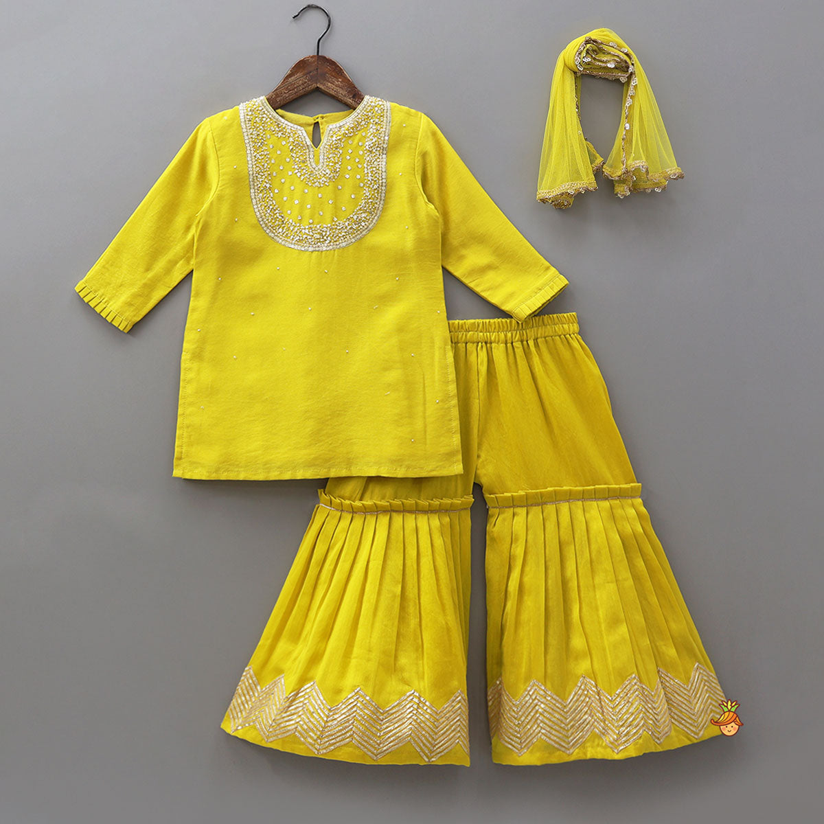 Yoke Embroidered Kurti And Pleated Sharara With Matching Dupatta