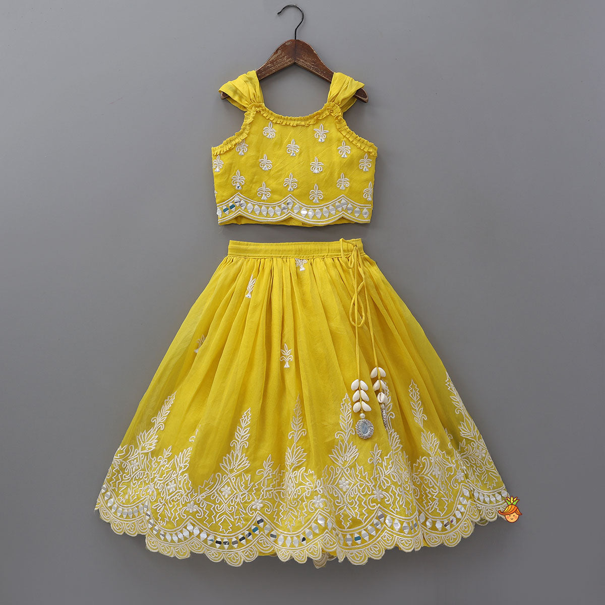 Faux Mirror Work Organza Crop Top And Lehenga