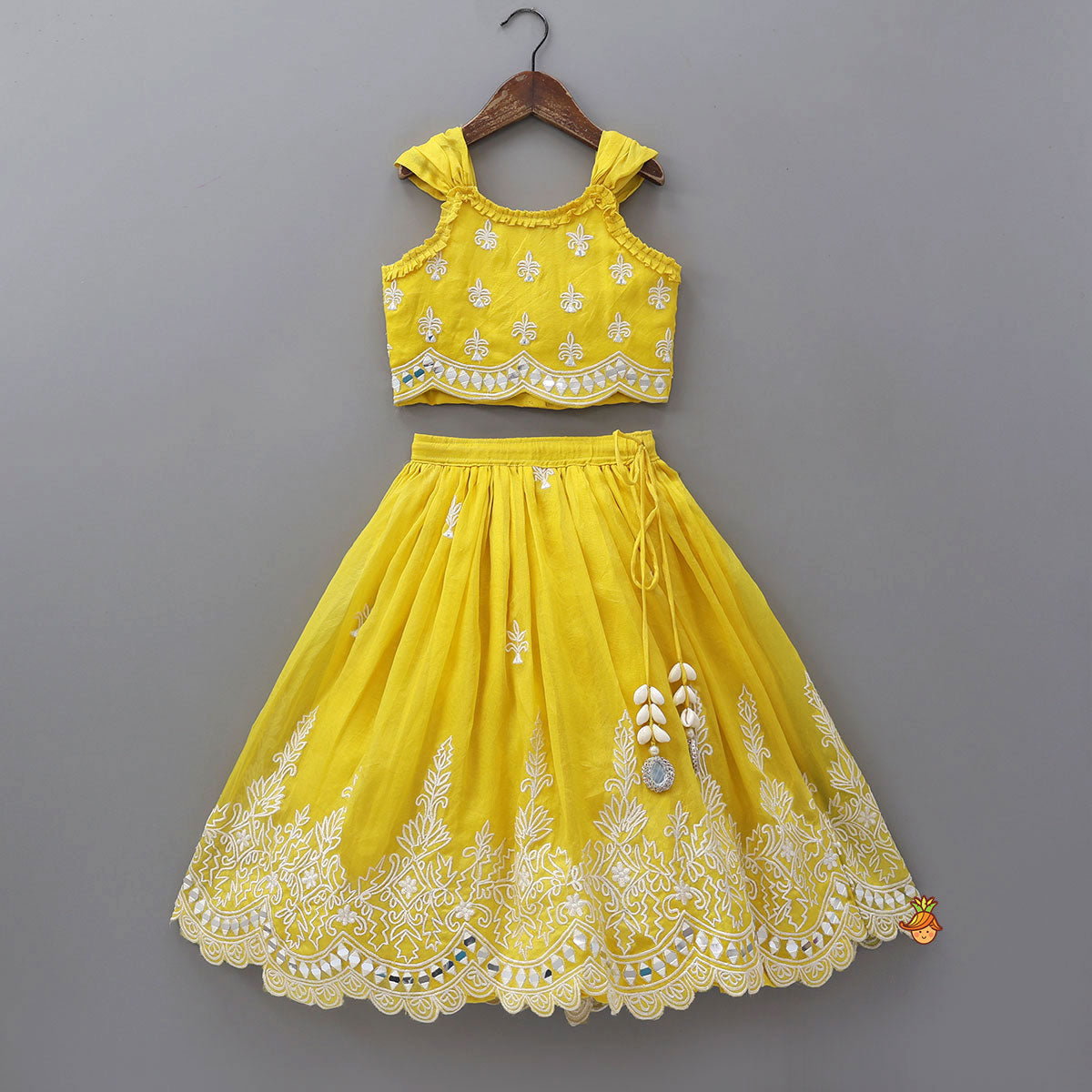 Faux Mirror Work Organza Crop Top And Lehenga