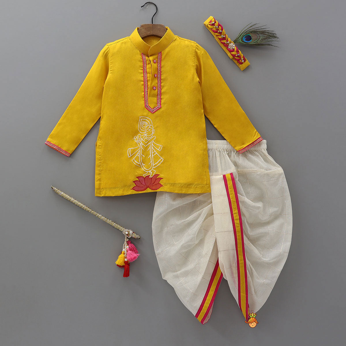 Beautiful Krishna-Printed Kurta And Checked Dhoti With Mukut And Basuri