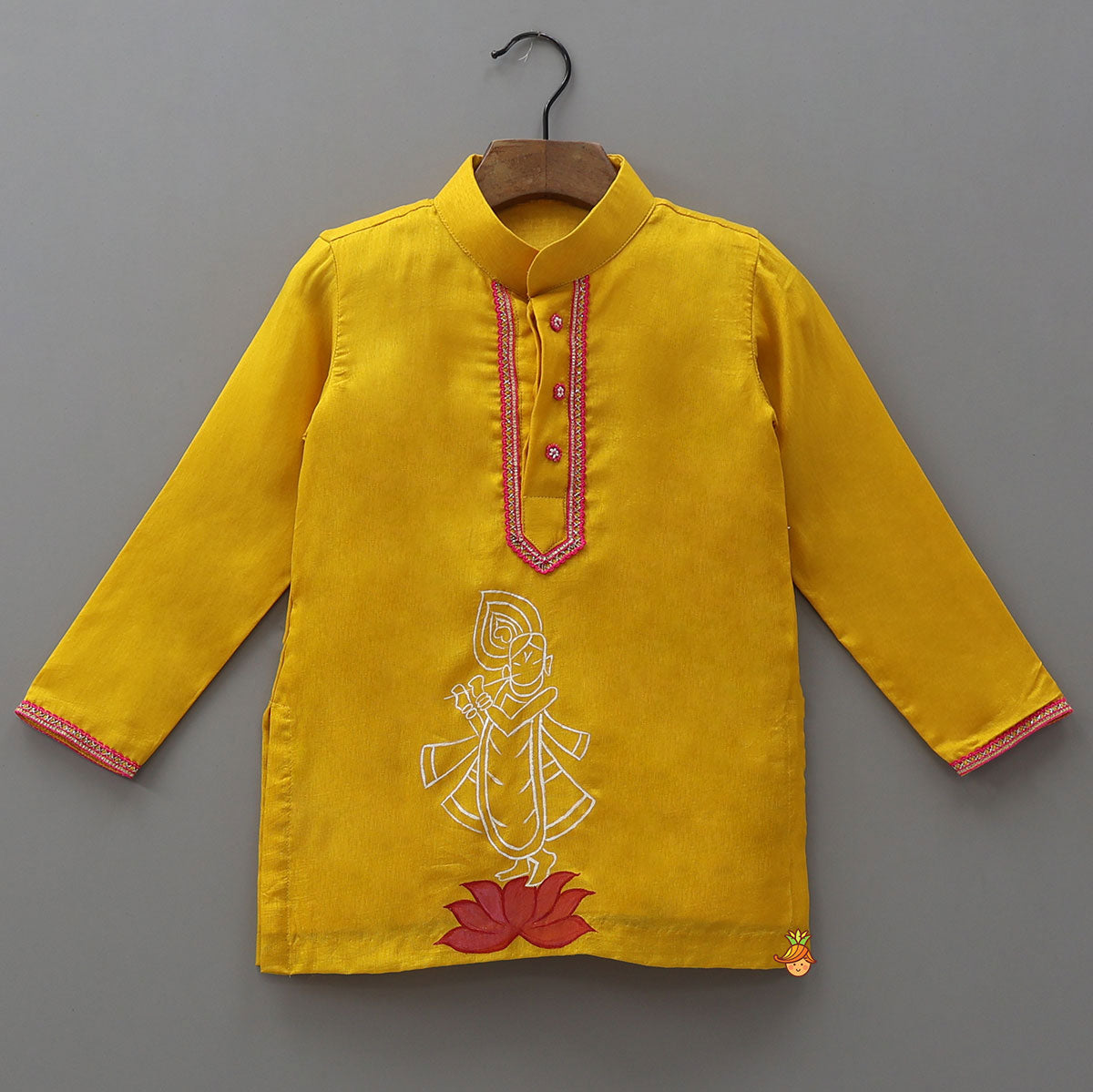 Beautiful Krishna-Printed Kurta And Checked Dhoti With Mukut And Basuri