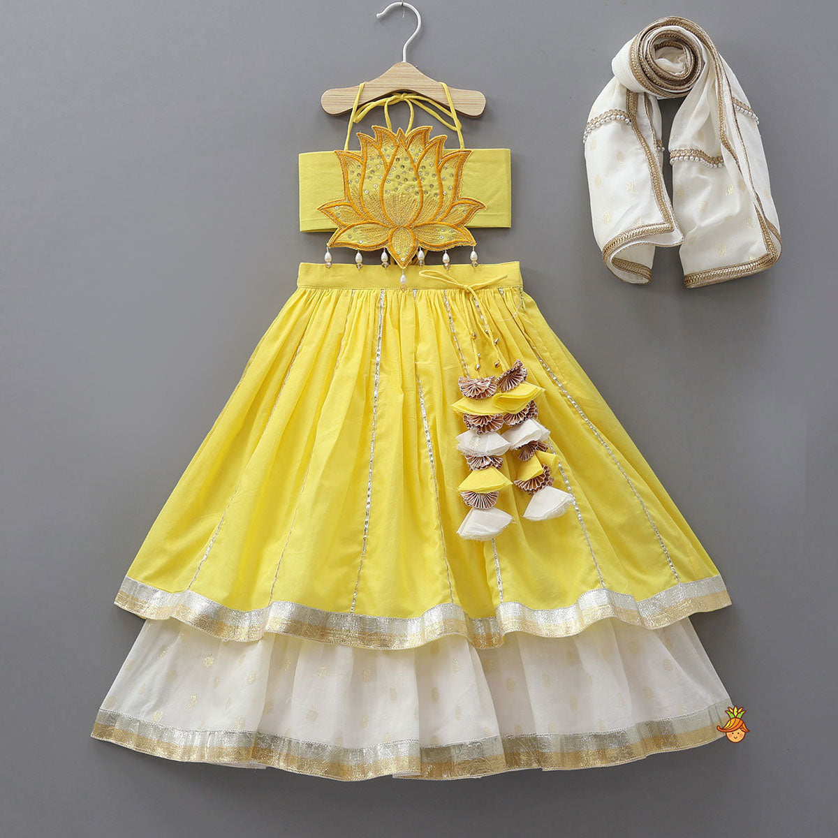 Lotus Applique Work Crop Top And Layered Lehenga With Dupatta And Matching Headband
