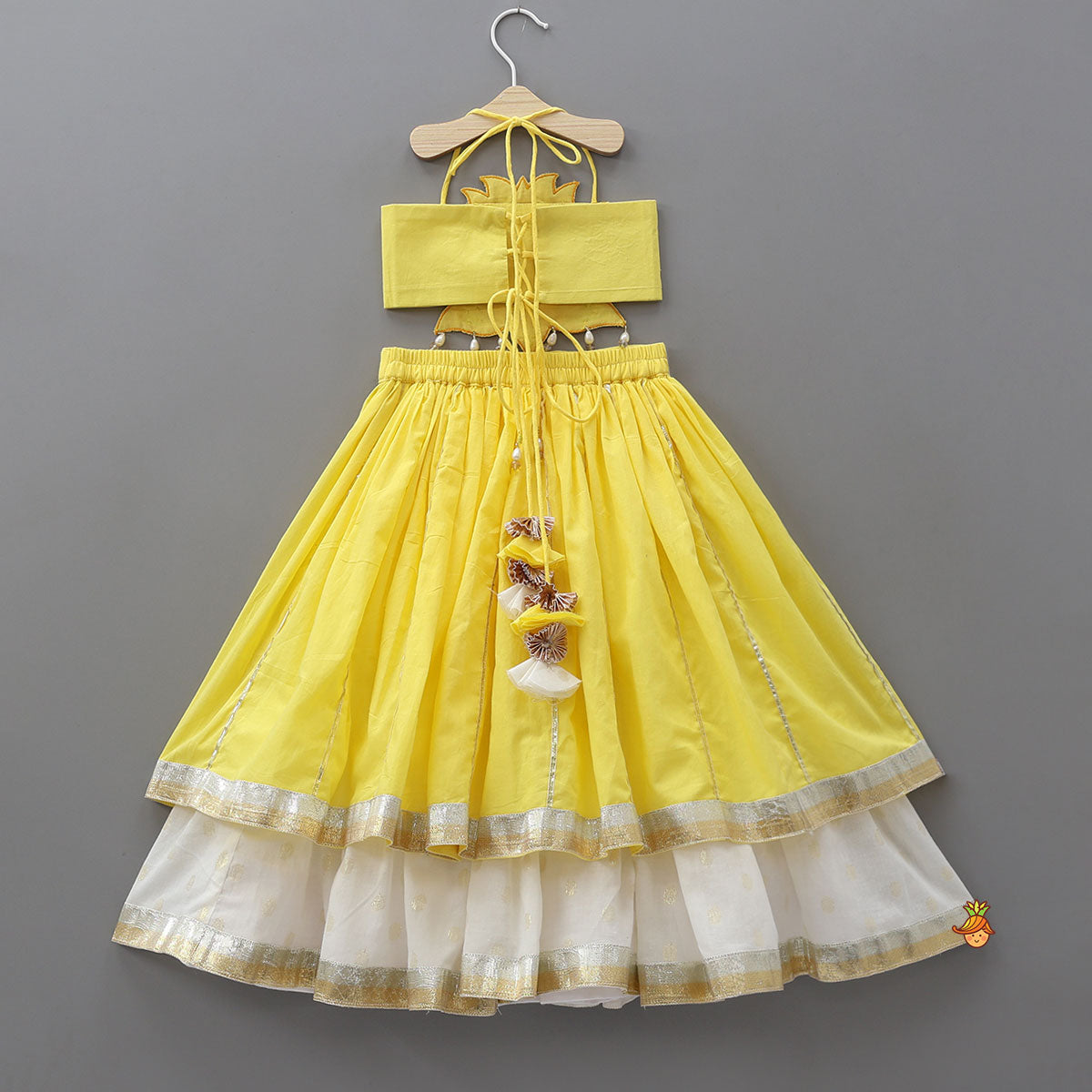 Lotus Applique Work Crop Top And Layered Lehenga With Dupatta And Matching Headband