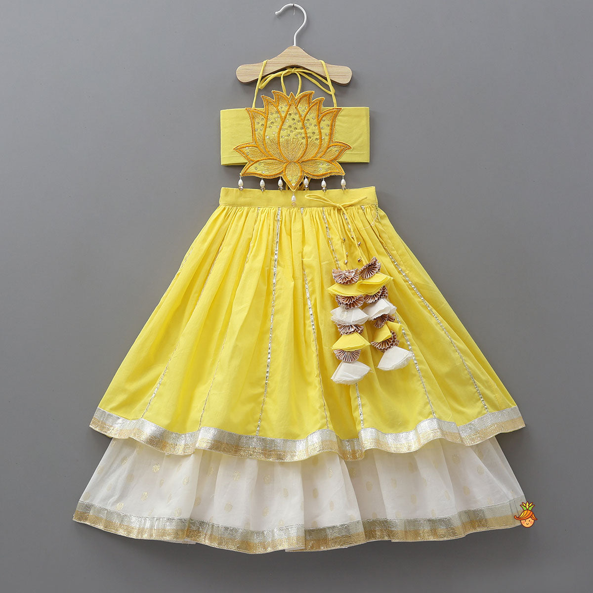 Lotus Applique Work Crop Top And Layered Lehenga With Dupatta And Matching Headband