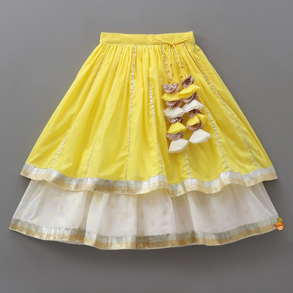 Lotus Applique Work Crop Top And Layered Lehenga With Dupatta And Matching Headband