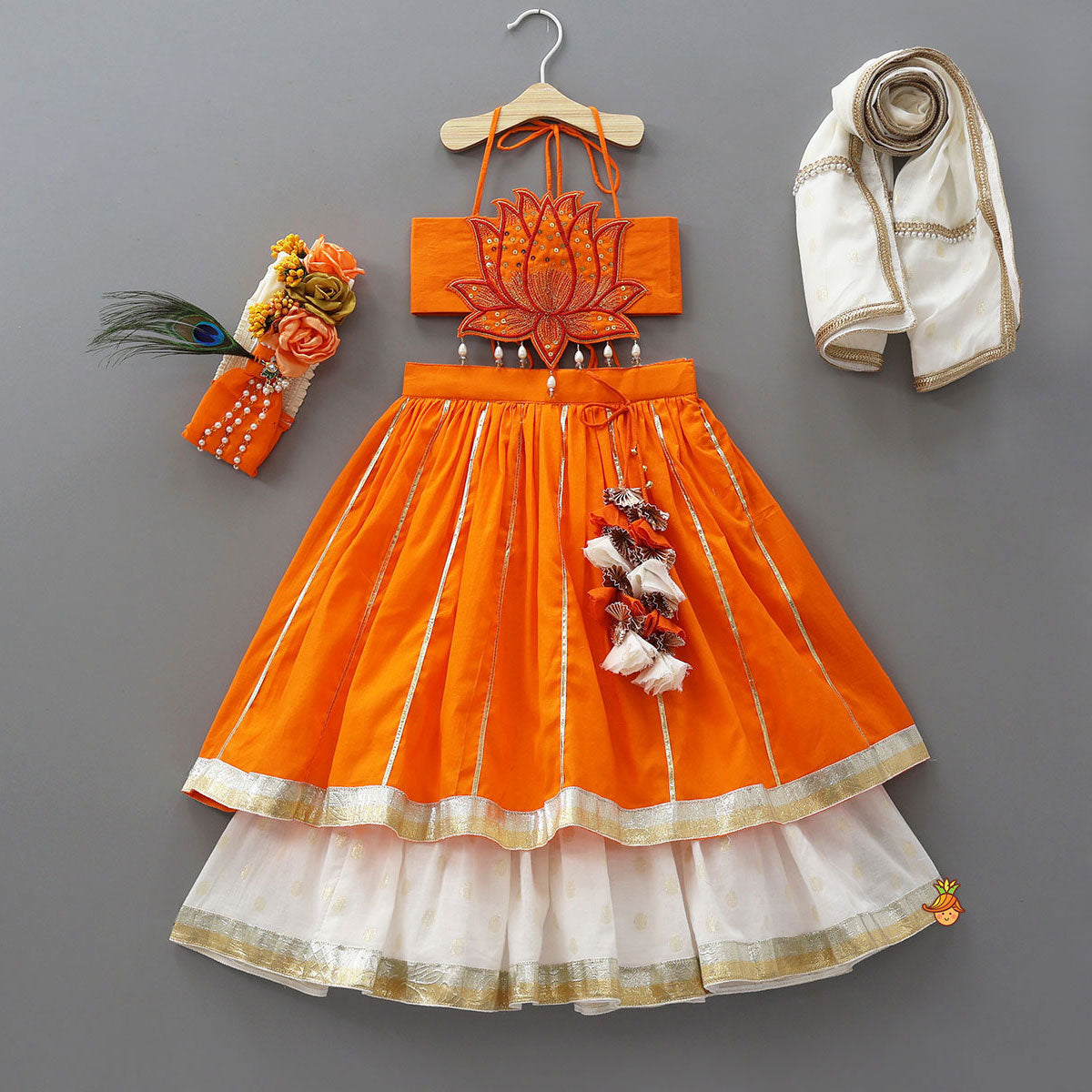 Lotus Applique Work Cotton Crop Top And Layered Lehenga With Dupatta And Matching Headband