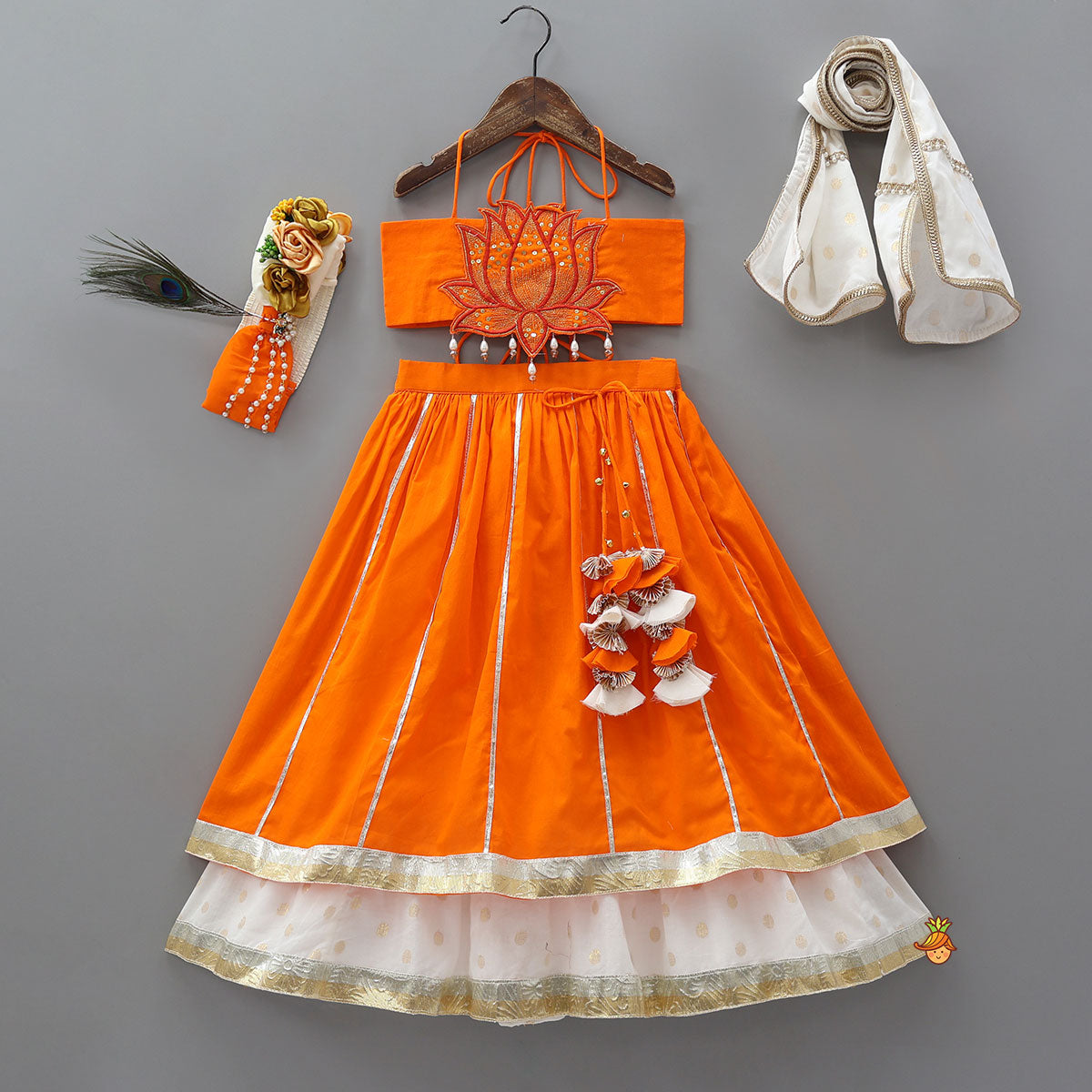 Lotus Applique Work Cotton Crop Top And Layered Lehenga With Dupatta And Matching Headband