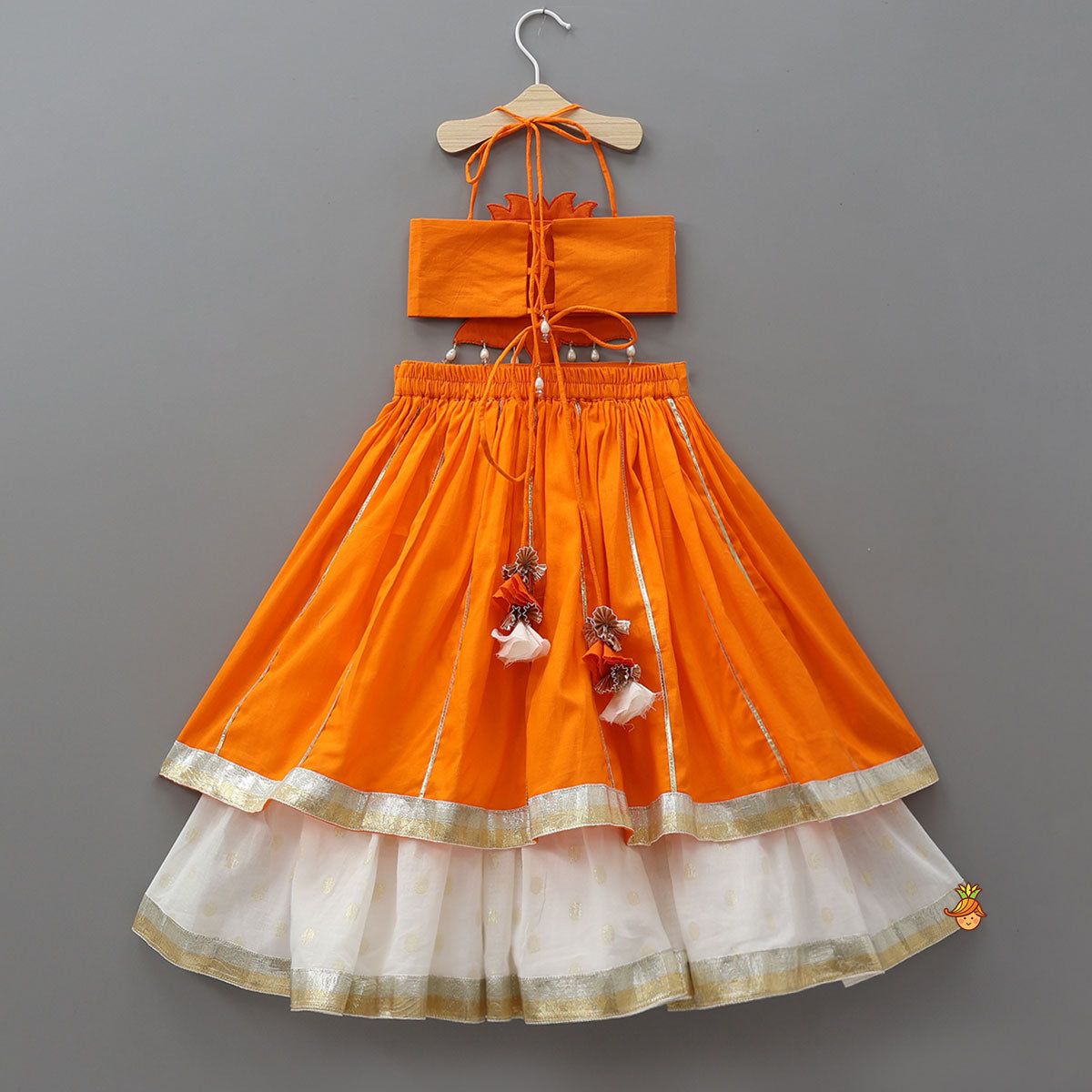 Lotus Applique Work Cotton Crop Top And Layered Lehenga With Dupatta And Matching Headband