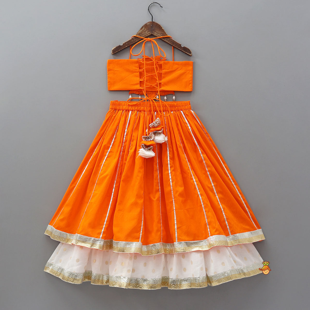 Lotus Applique Work Cotton Crop Top And Layered Lehenga With Dupatta