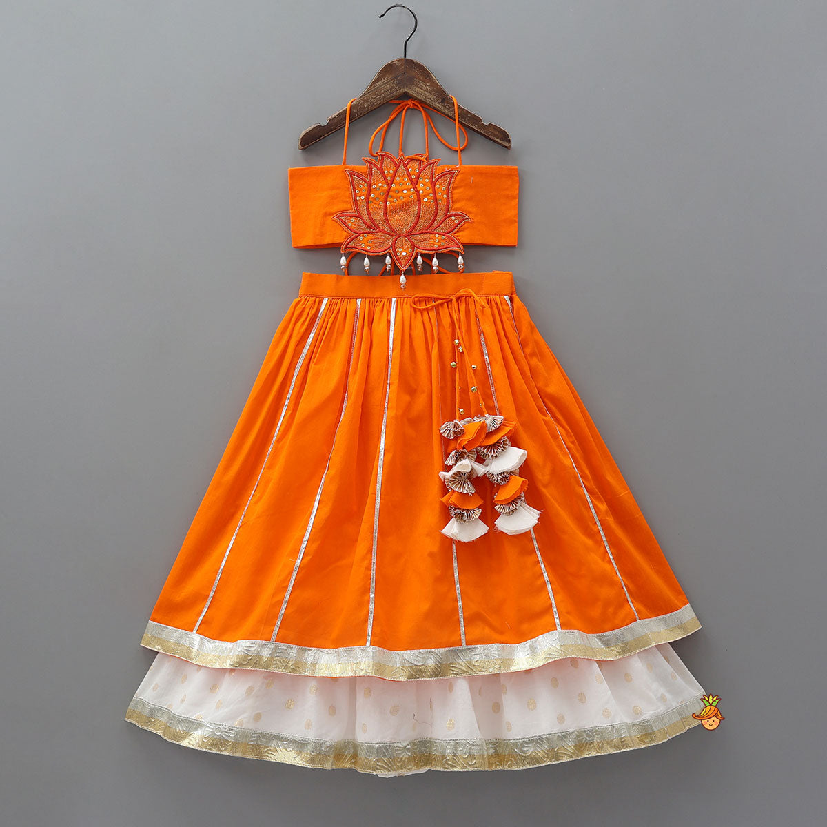 Lotus Applique Work Cotton Crop Top And Layered Lehenga With Dupatta