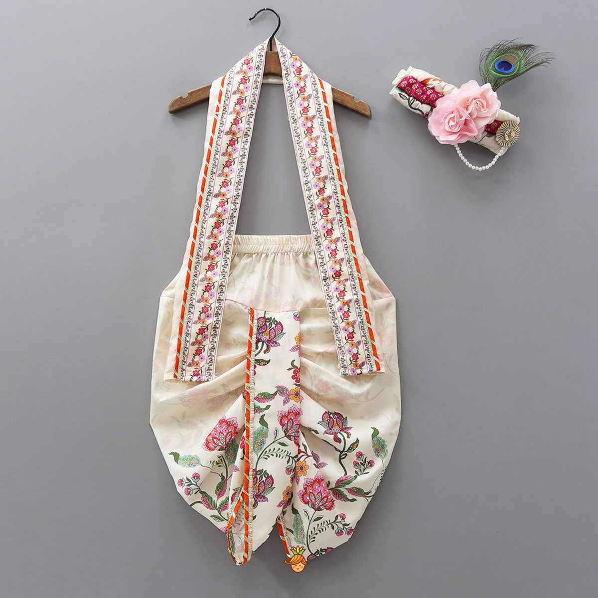 Festive Printed Dhoti With Printed Stole And Detachable Mor Pankh-Embellished Headband