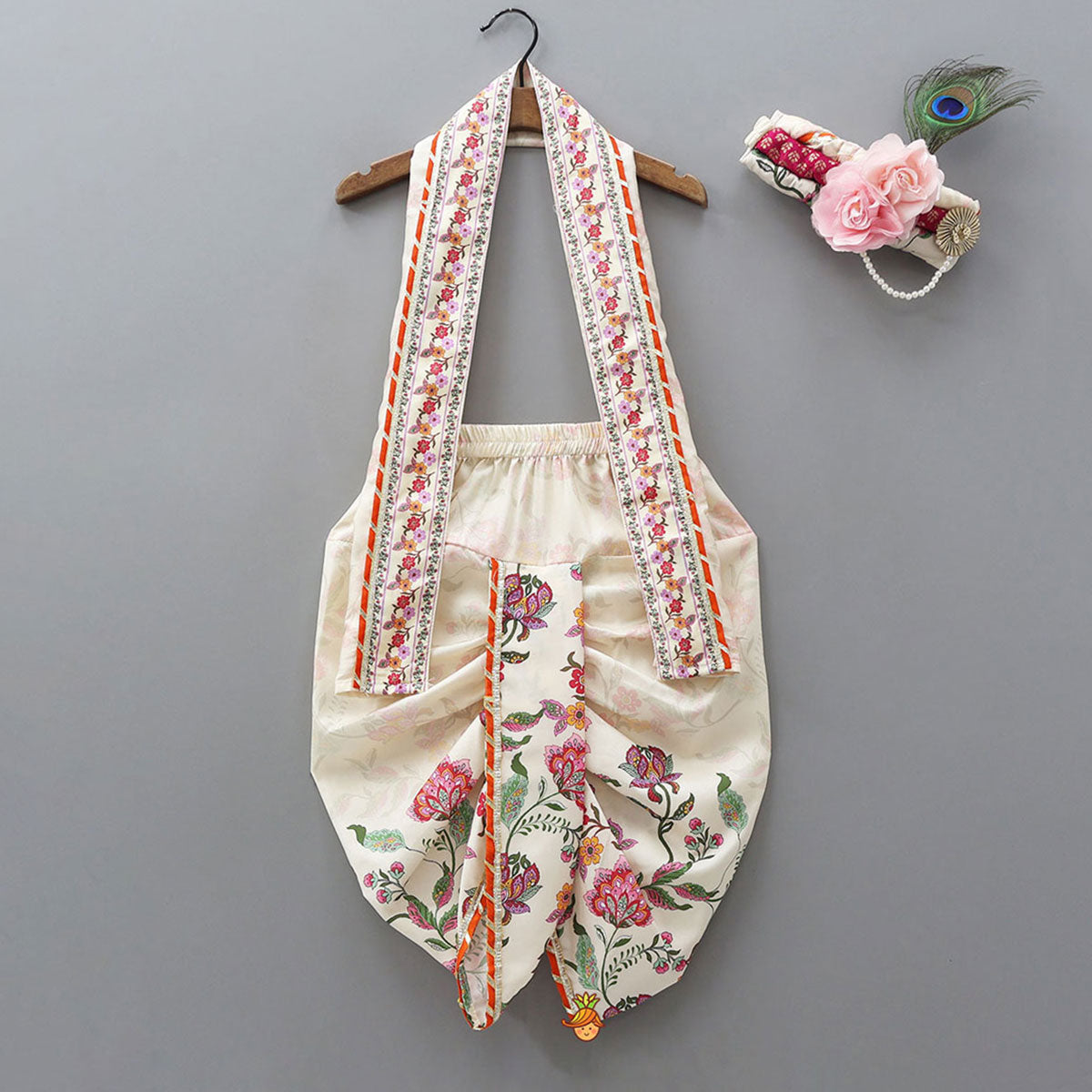 Festive Printed Dhoti With Printed Stole And Detachable Mor Pankh-Embellished Headband