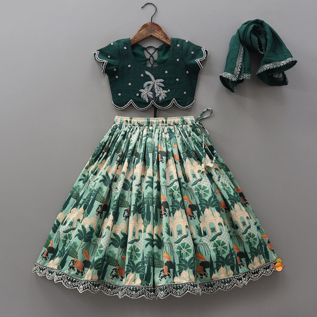 Scalloped Hem Crop Top And Printed Lehenga With Matching Dupatta