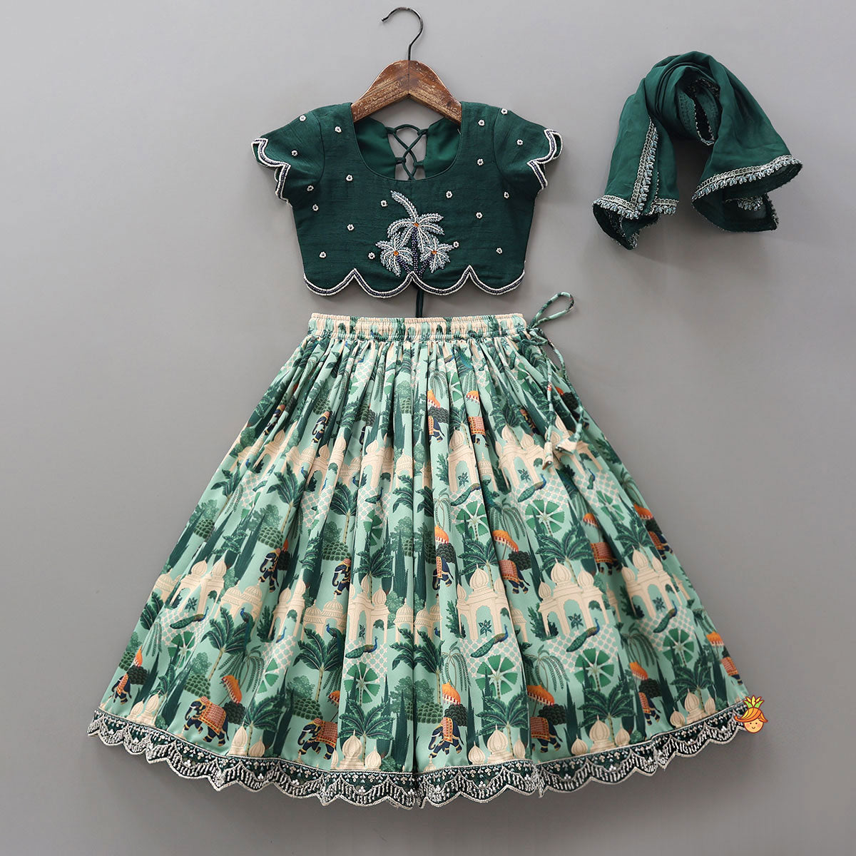 Scalloped Hem Crop Top And Printed Lehenga With Matching Dupatta
