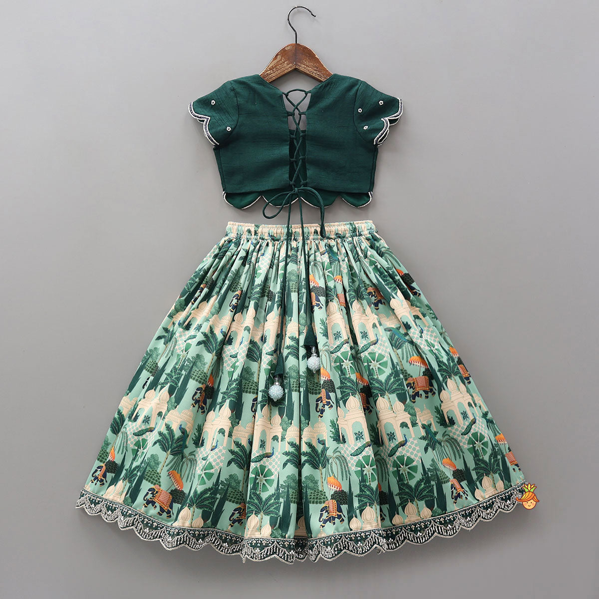 Scalloped Hem Crop Top And Printed Lehenga With Matching Dupatta