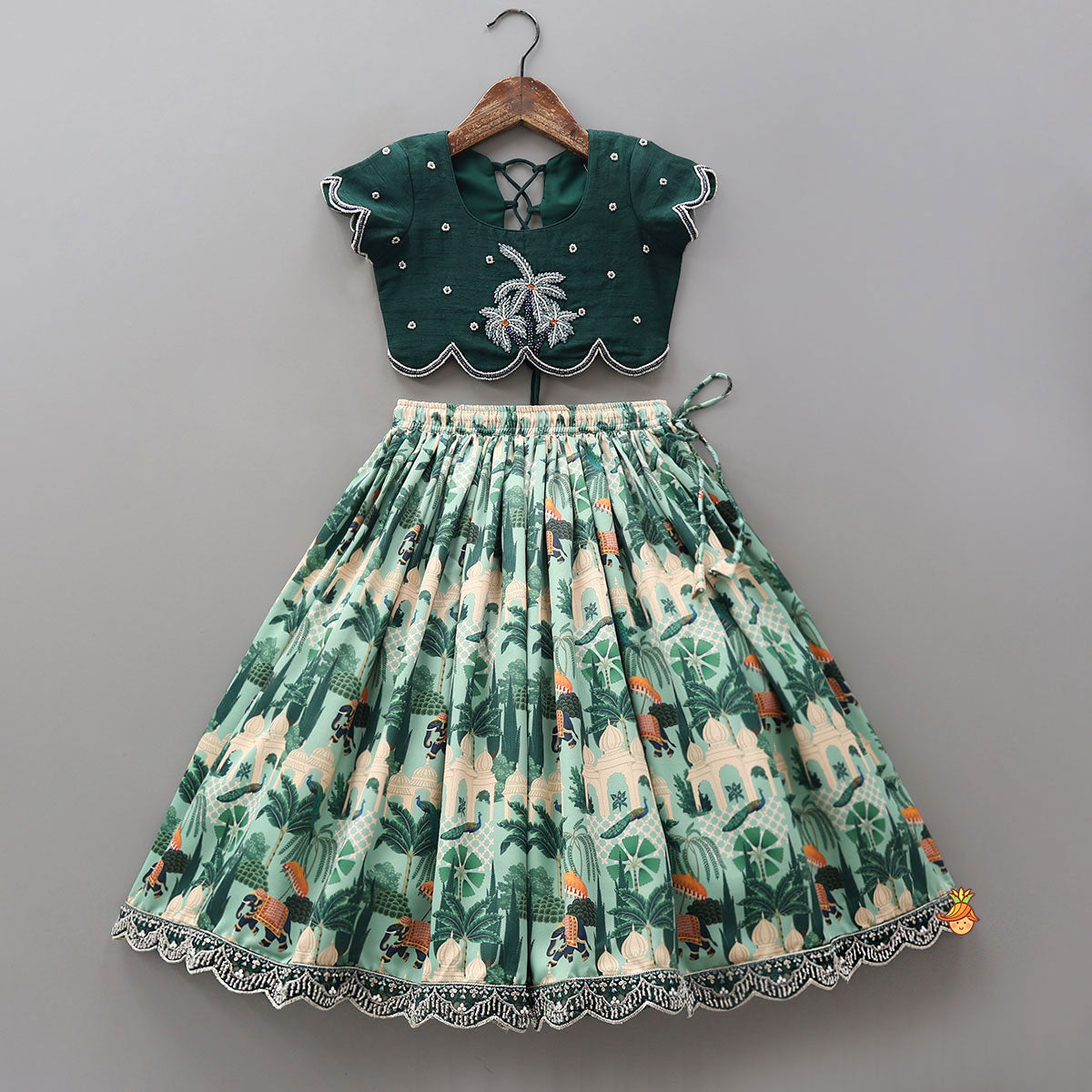 Scalloped Hem Crop Top And Printed Lehenga With Matching Dupatta