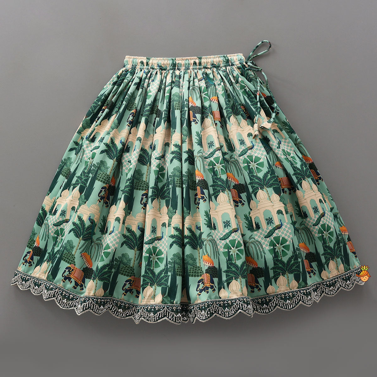 Scalloped Hem Crop Top And Printed Lehenga With Matching Dupatta
