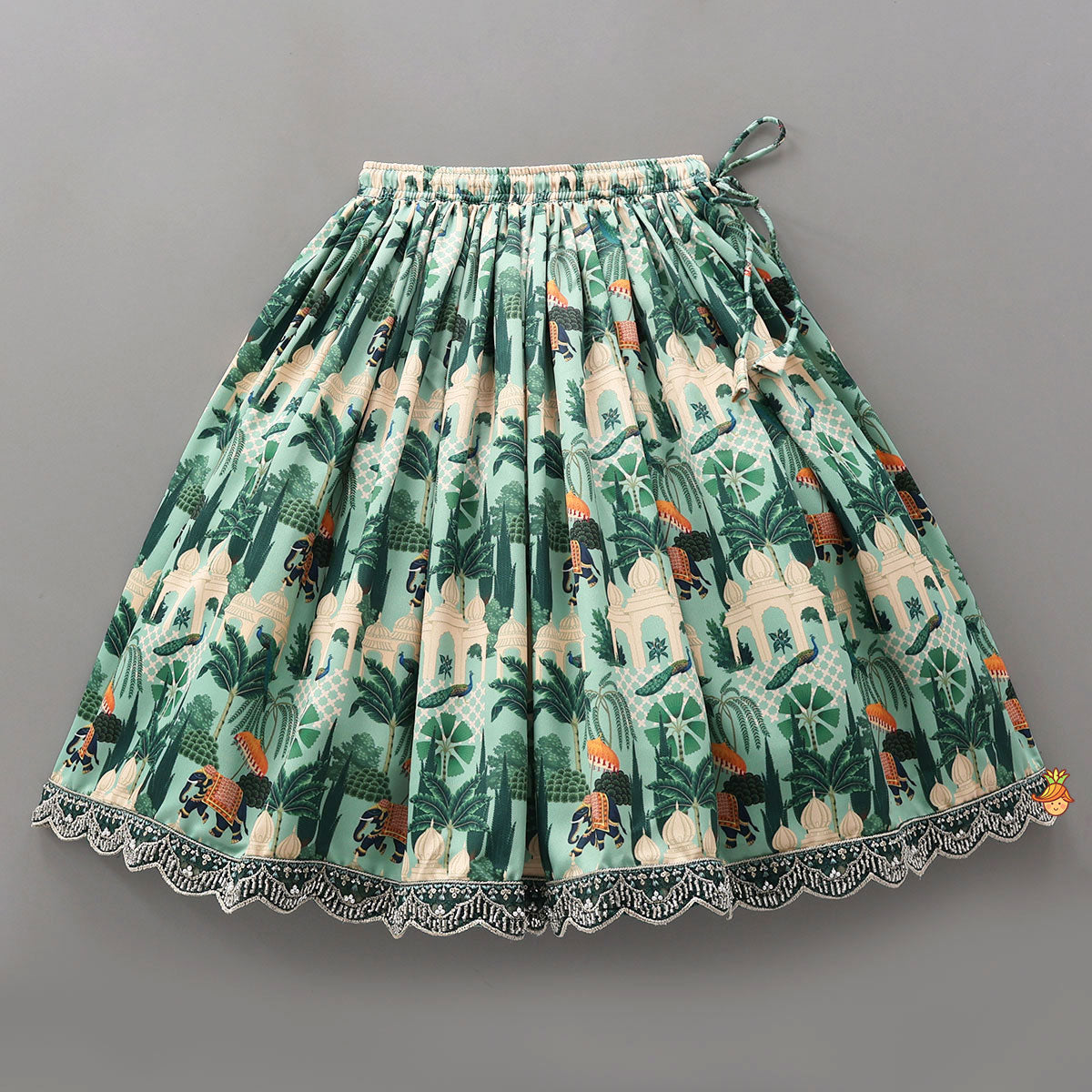 Scalloped Hem Crop Top And Printed Lehenga With Matching Dupatta