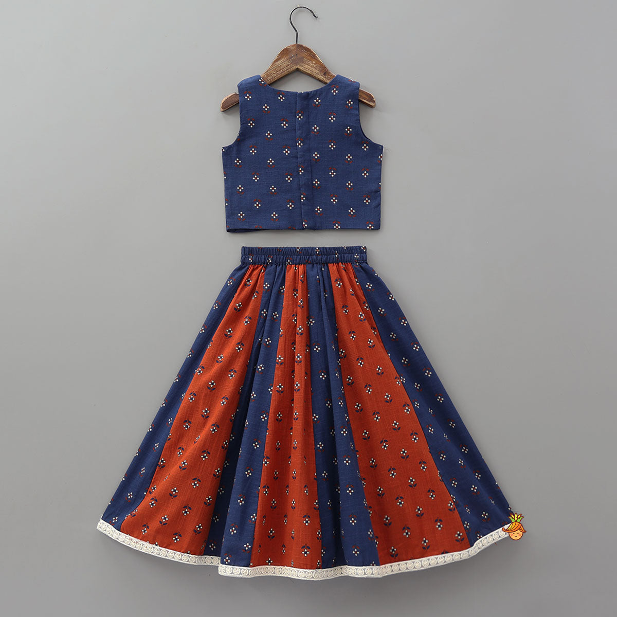Contrasting Yoke Top And Lehenga With Net Dupatta