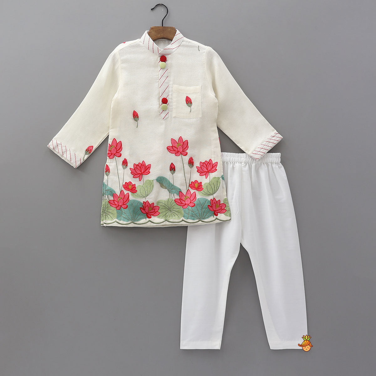 Lotus, Buds and Leaves Motif Embroidered Kurta And Pyjama