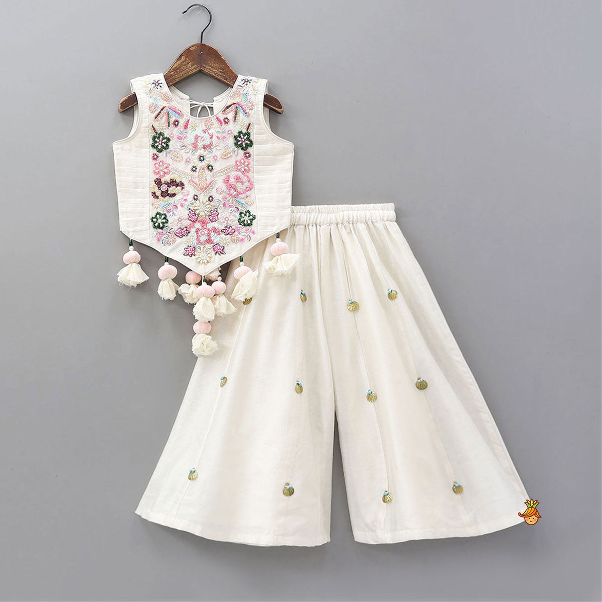 Tassel Detailed Floral Embroidered Top With Palazzo