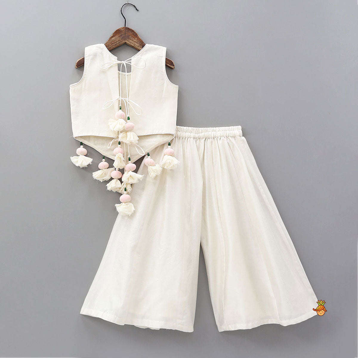Tassel Detailed Floral Embroidered Top With Palazzo