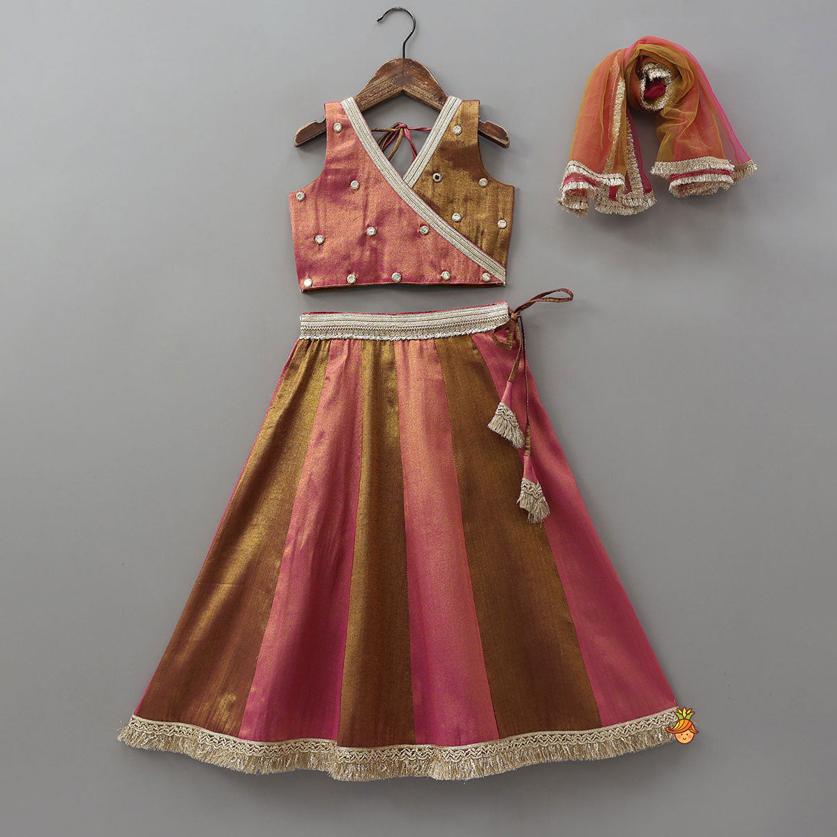 Sequin Lace Detailed Shimmery Crop Top And Lehenga With Net Dupatta