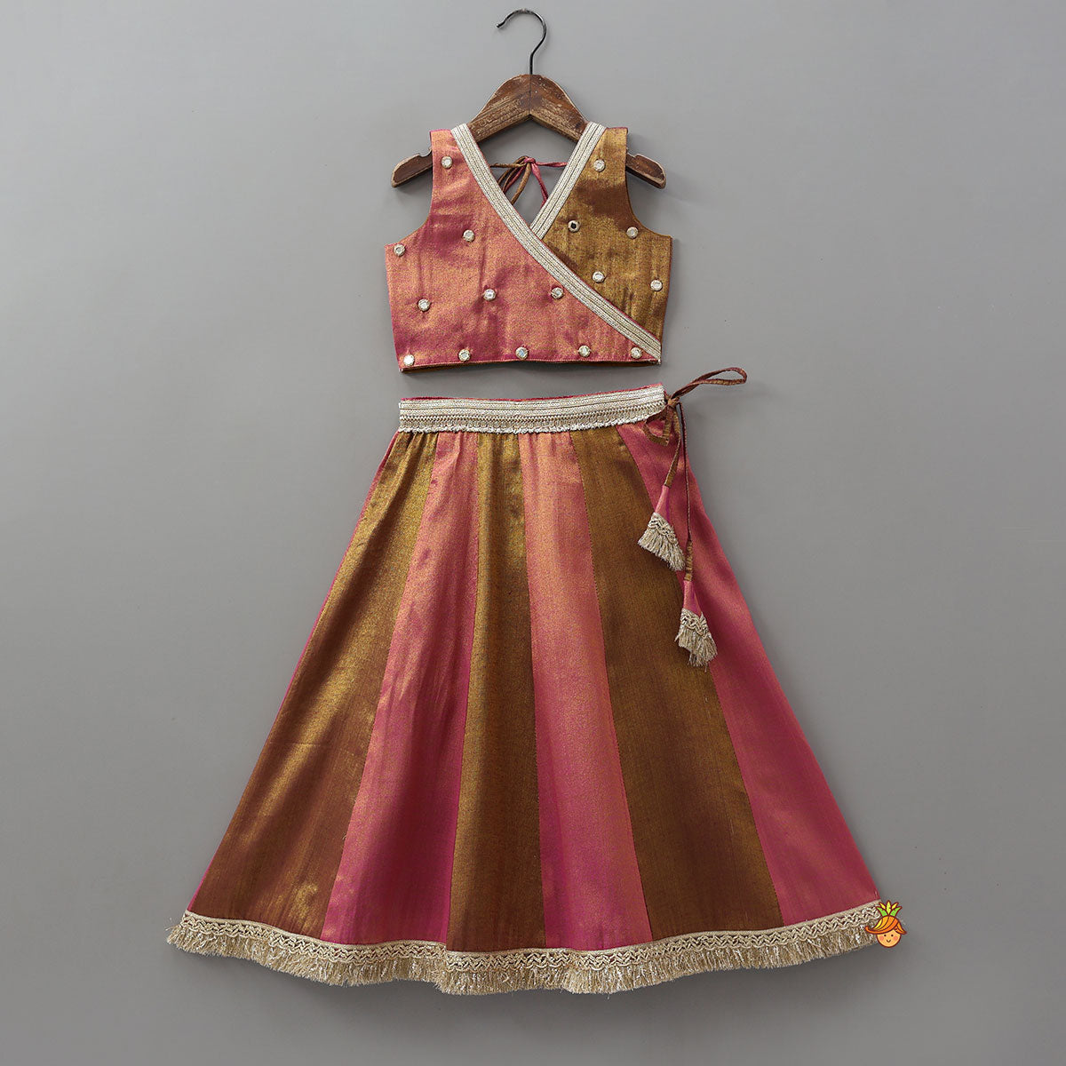 Sequin Lace Detailed Shimmery Crop Top And Lehenga With Net Dupatta