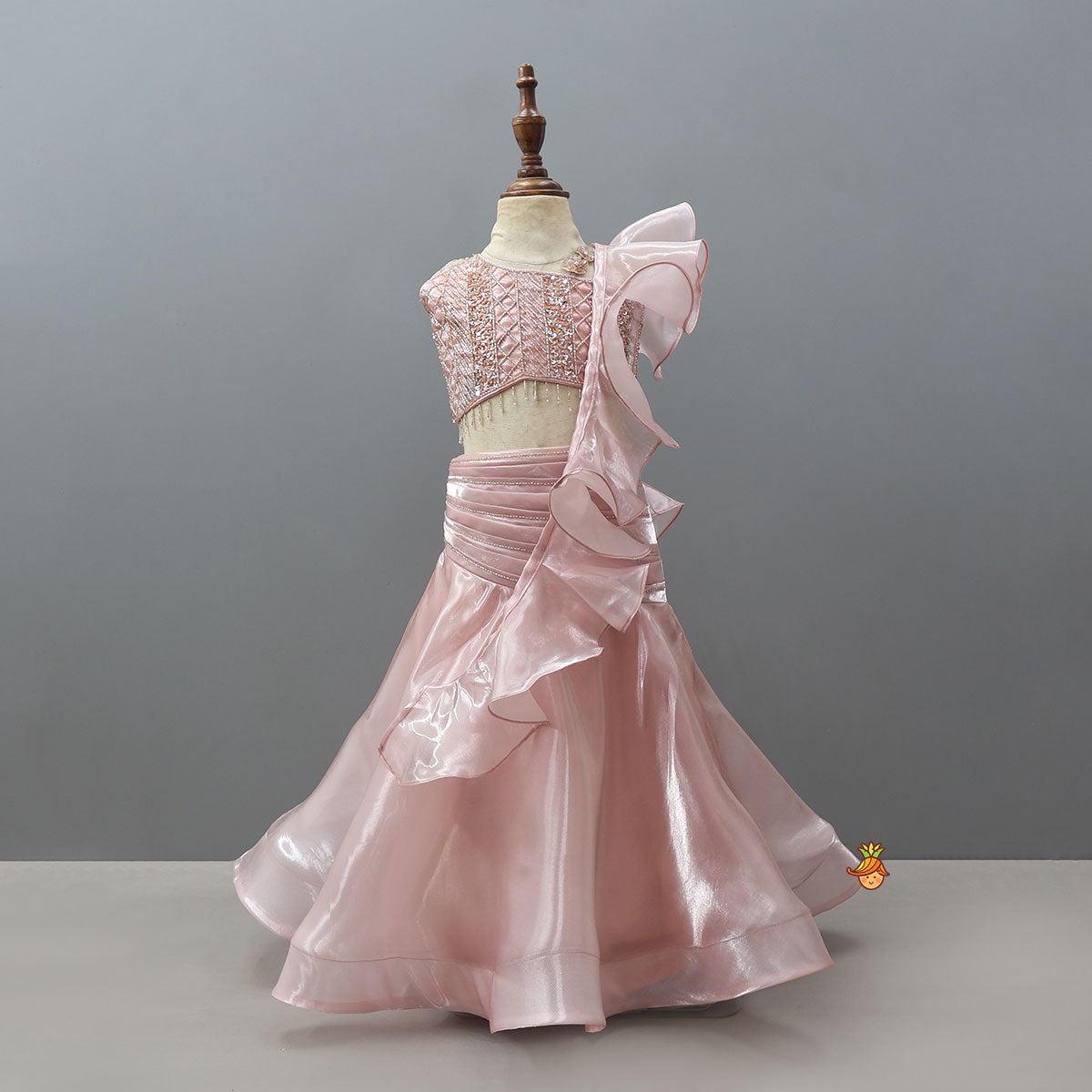 Gorgeous Sheen One Shoulder Crop Top And Lehenga With Stylish Ruffle Dupatta