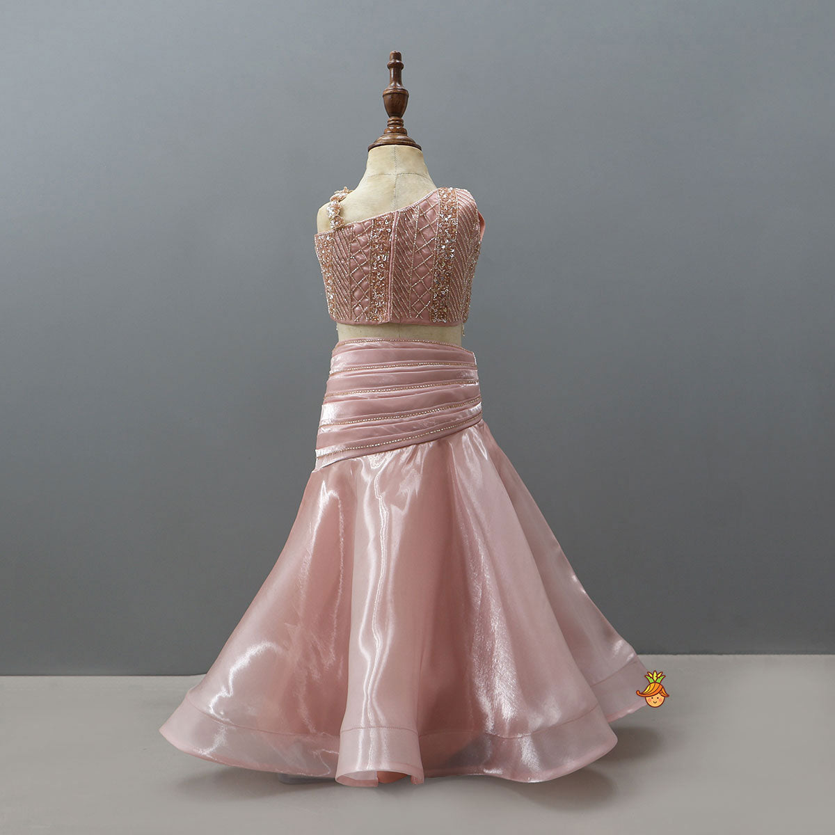 Gorgeous Sheen One Shoulder Crop Top And Lehenga With Stylish Ruffle Dupatta