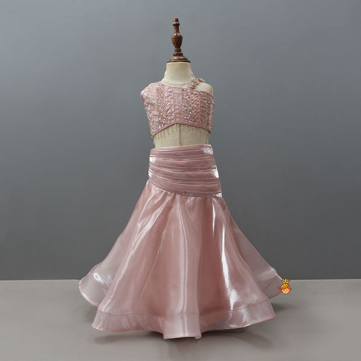 Gorgeous Sheen One Shoulder Crop Top And Lehenga With Stylish Ruffle Dupatta