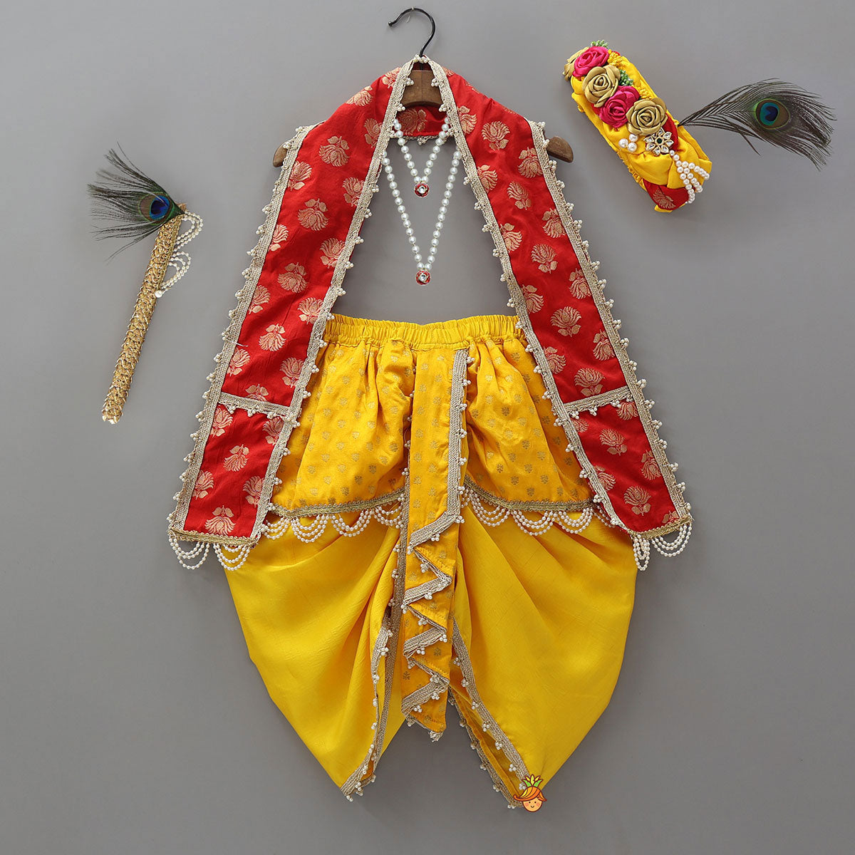 Traditional Brocade Dhoti Set With Matching Stole, Head Band, Basuri And Mala