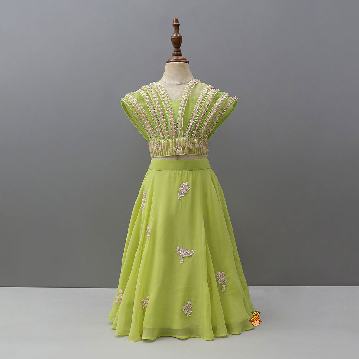 Top With Statement Cape And Floral Embroidered Flared Lehenga