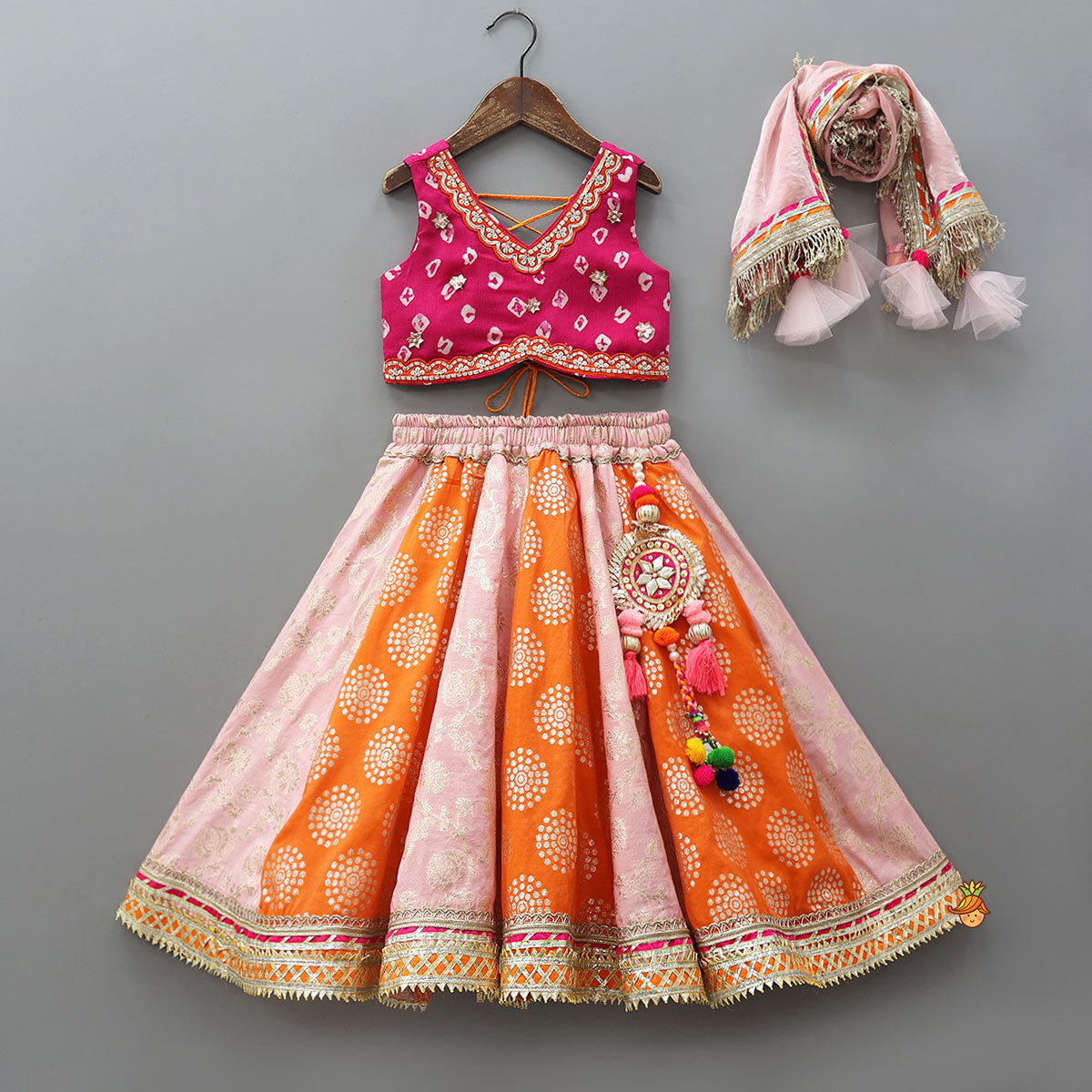 Criss-Cross Knot Tie-Up Crop Top And Lehenga With Sheen Dupatta