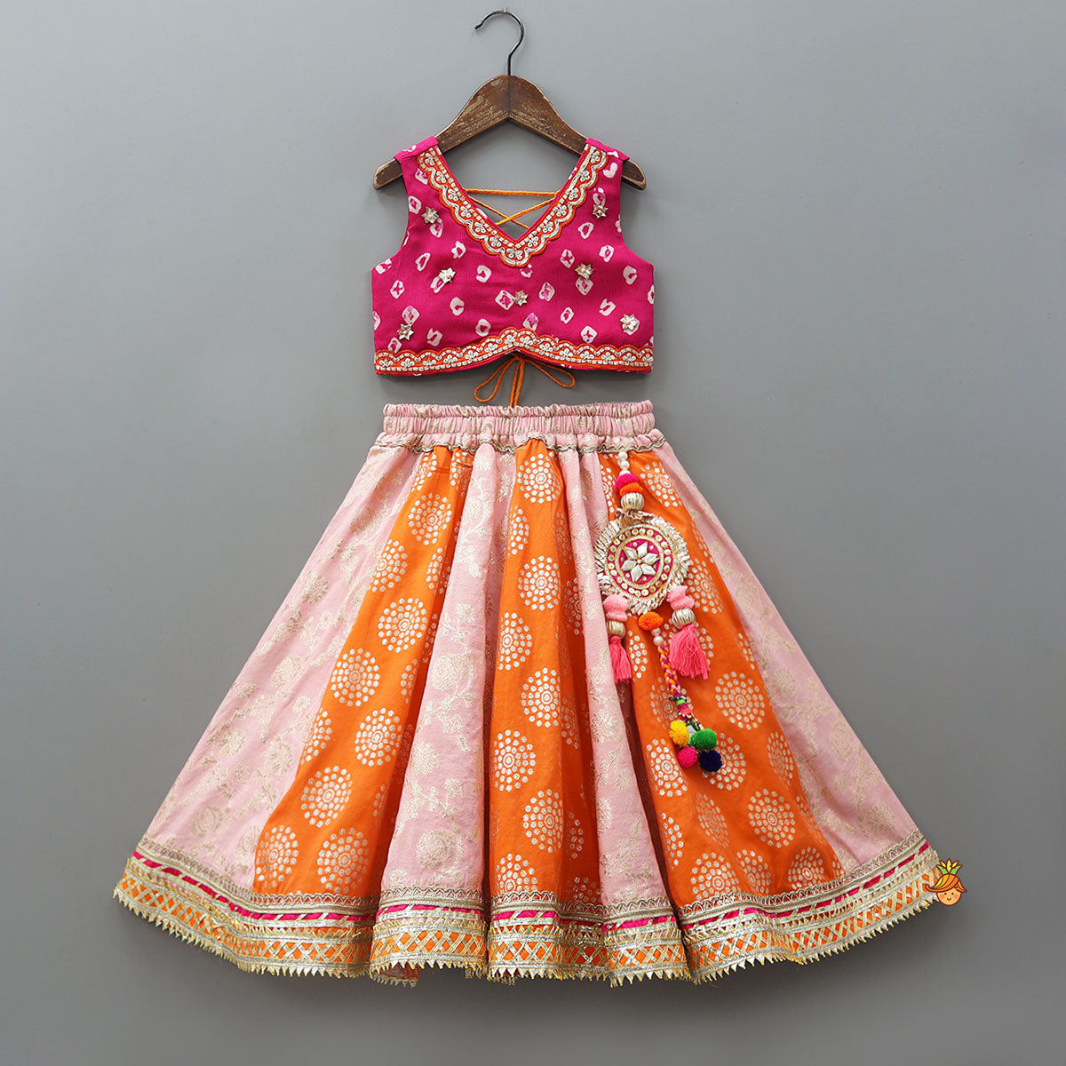 Criss-Cross Knot Tie-Up Crop Top And Lehenga With Sheen Dupatta