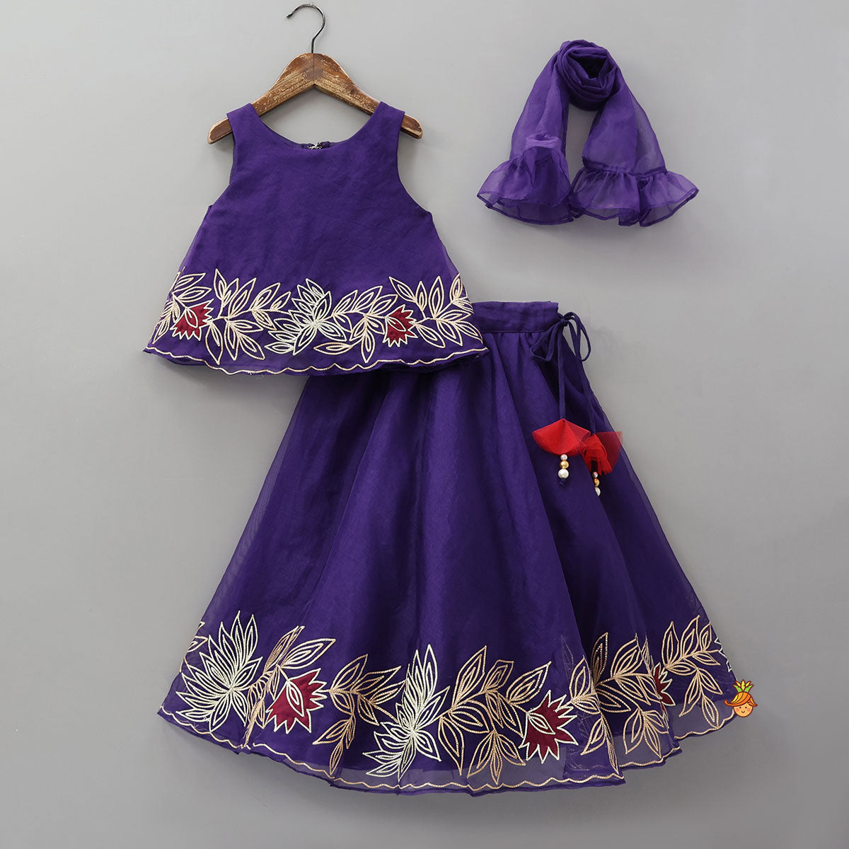 Floral Embroidered Top And Lehenga With Ruffled Dupatta