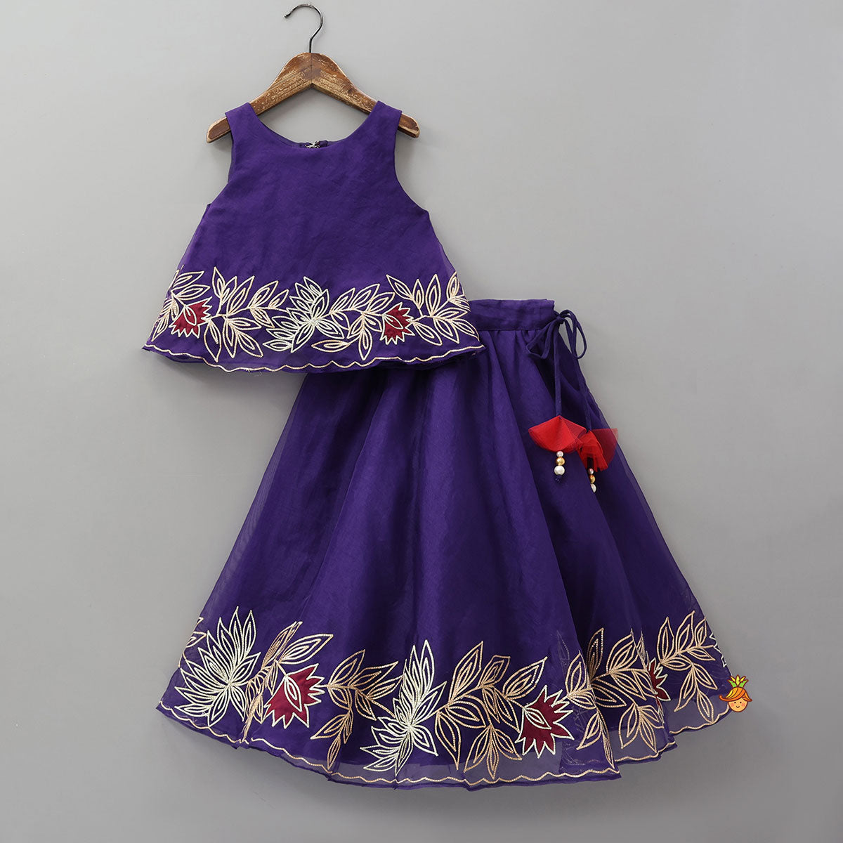 Floral Embroidered Top And Lehenga With Ruffled Dupatta