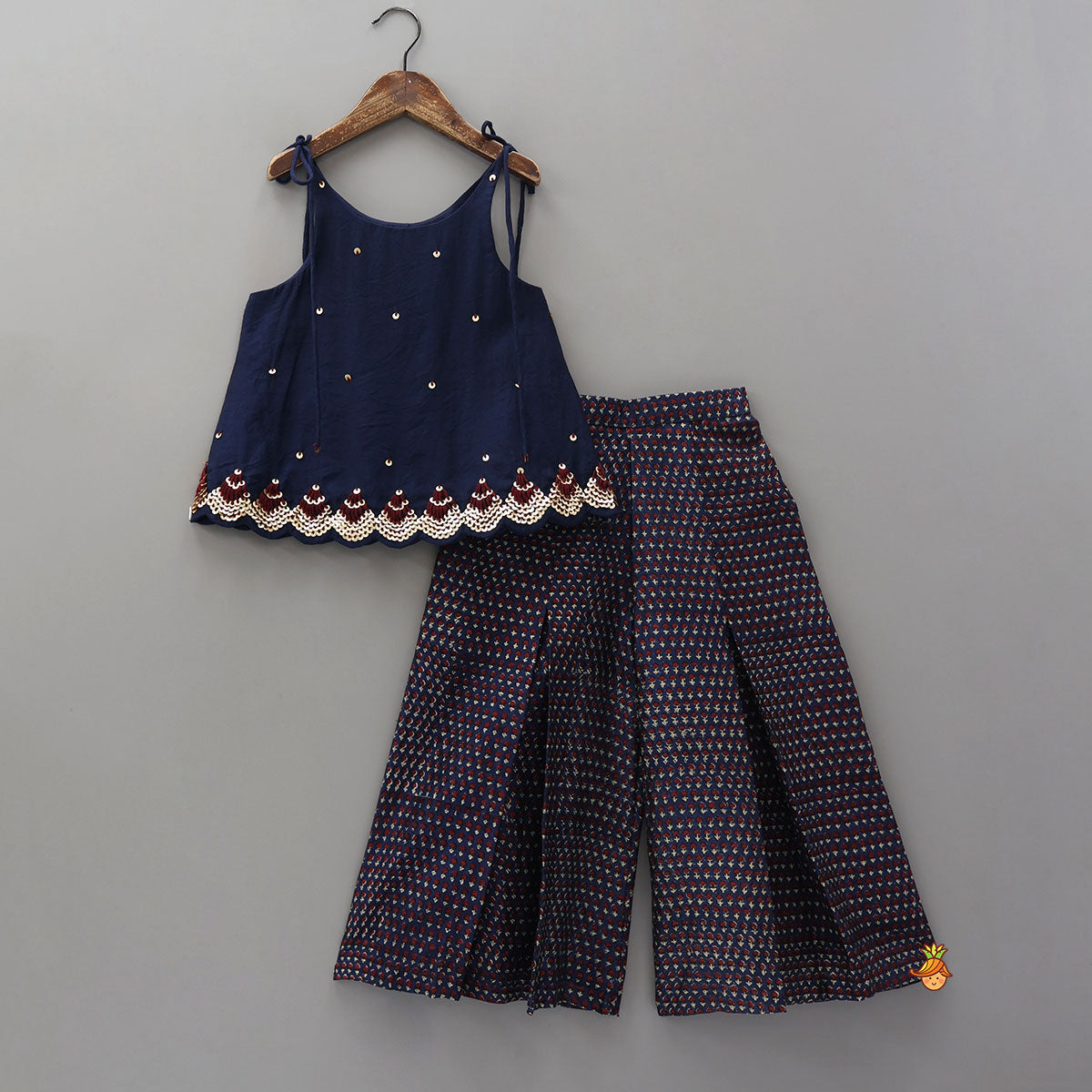 Stylish Tie-Up Hand Embroidered Scallop Top With Printed Palazzo