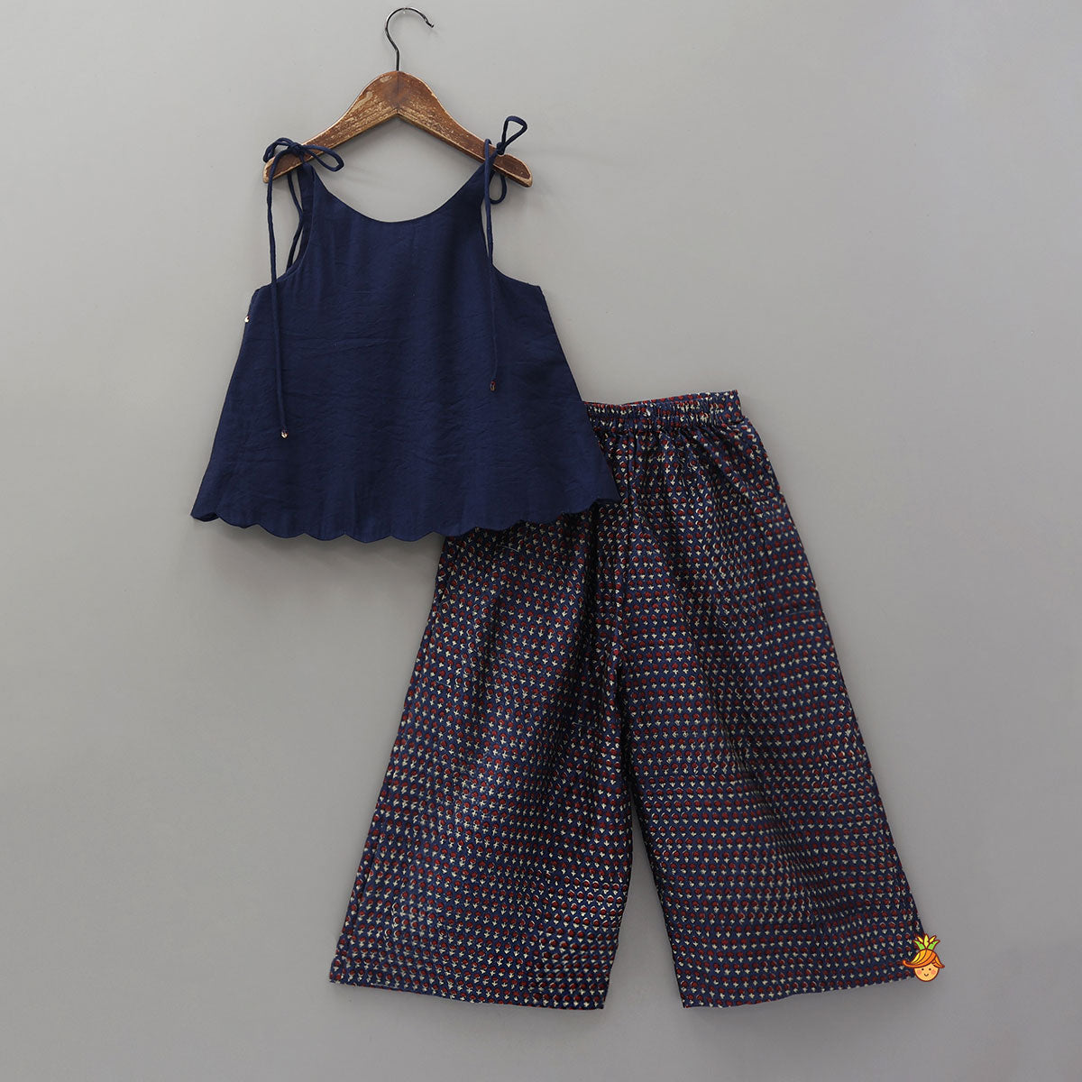 Stylish Tie-Up Hand Embroidered Scallop Top With Printed Palazzo