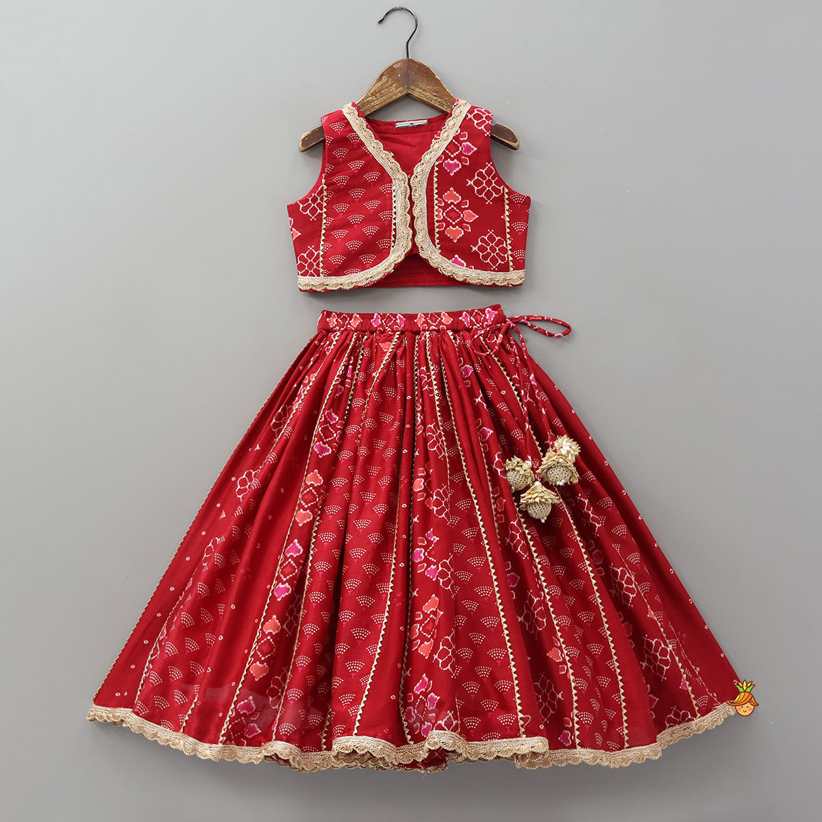 Printed Lace Work Chanderi Crop Top And Lehenga