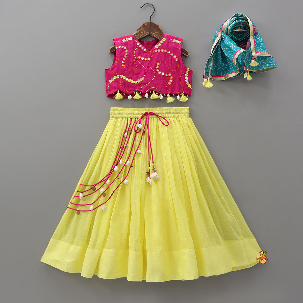 Faux Mirror Work Crop Top And Lehenga With Contrasting Bandhani Printed Dupatta