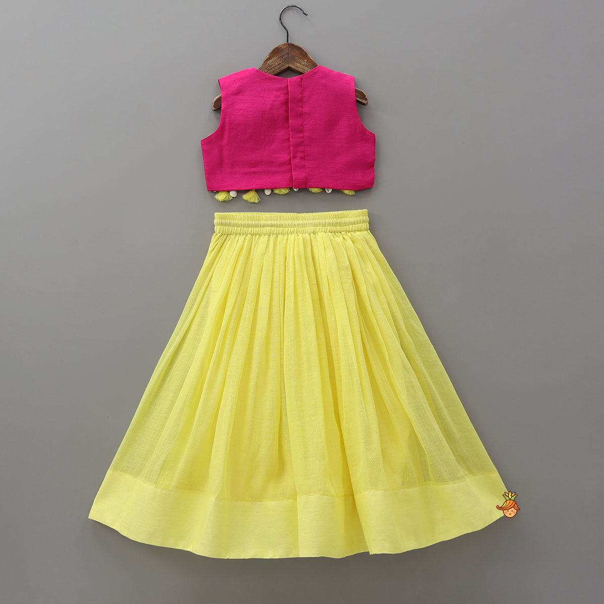 Faux Mirror Work Crop Top And Lehenga With Contrasting Bandhani Printed Dupatta