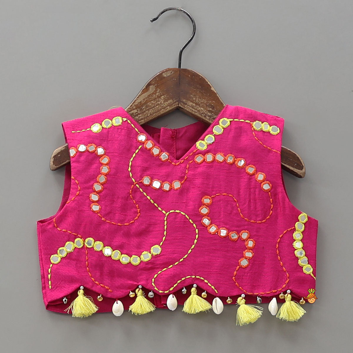 Faux Mirror Work Crop Top And Lehenga With Contrasting Bandhani Printed Dupatta