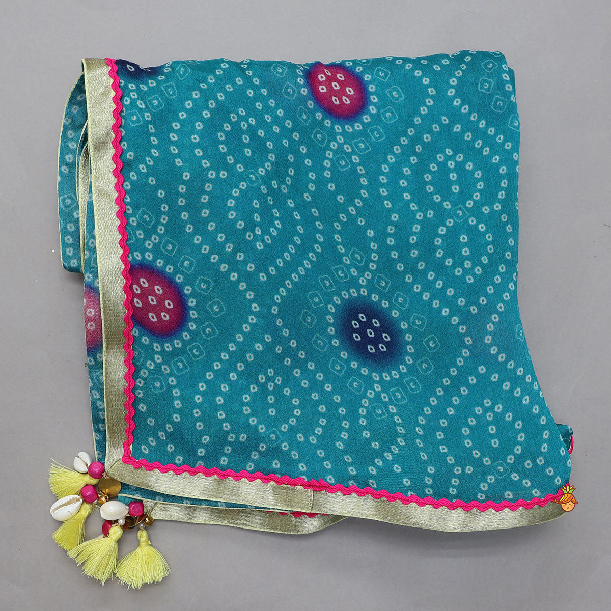 Faux Mirror Work Crop Top And Lehenga With Contrasting Bandhani Printed Dupatta