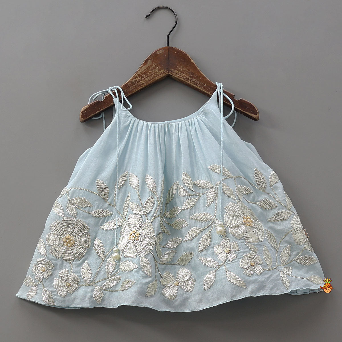Gota Embroidered Strappy Top With Flared Lehenga And Dupatta