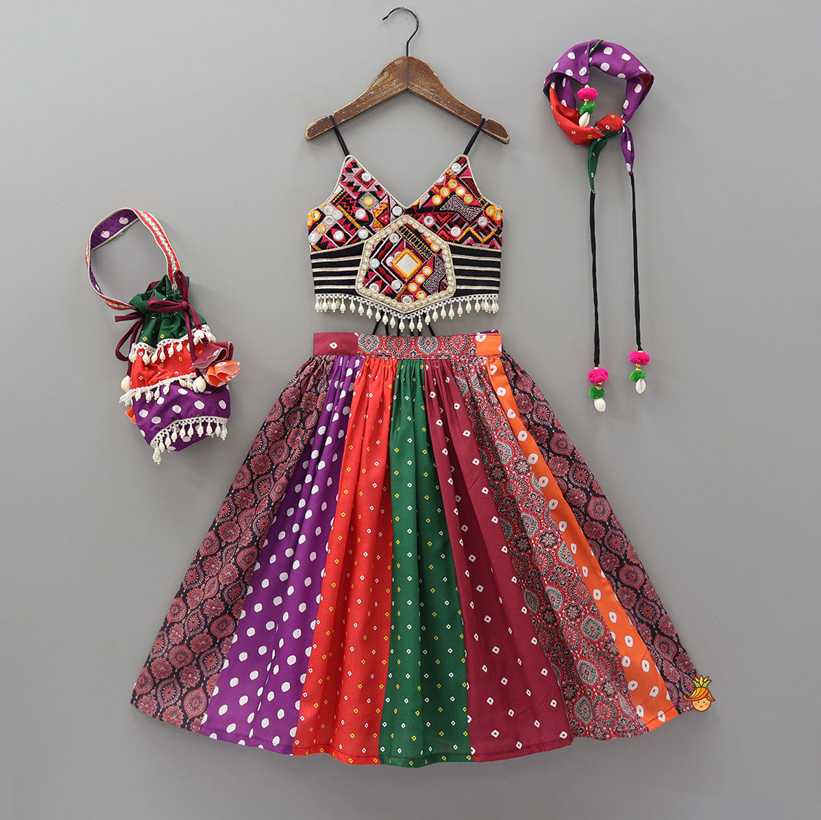 Strappy Mirror Embroidered Top With Lehenga And Bandana With Potli Bag