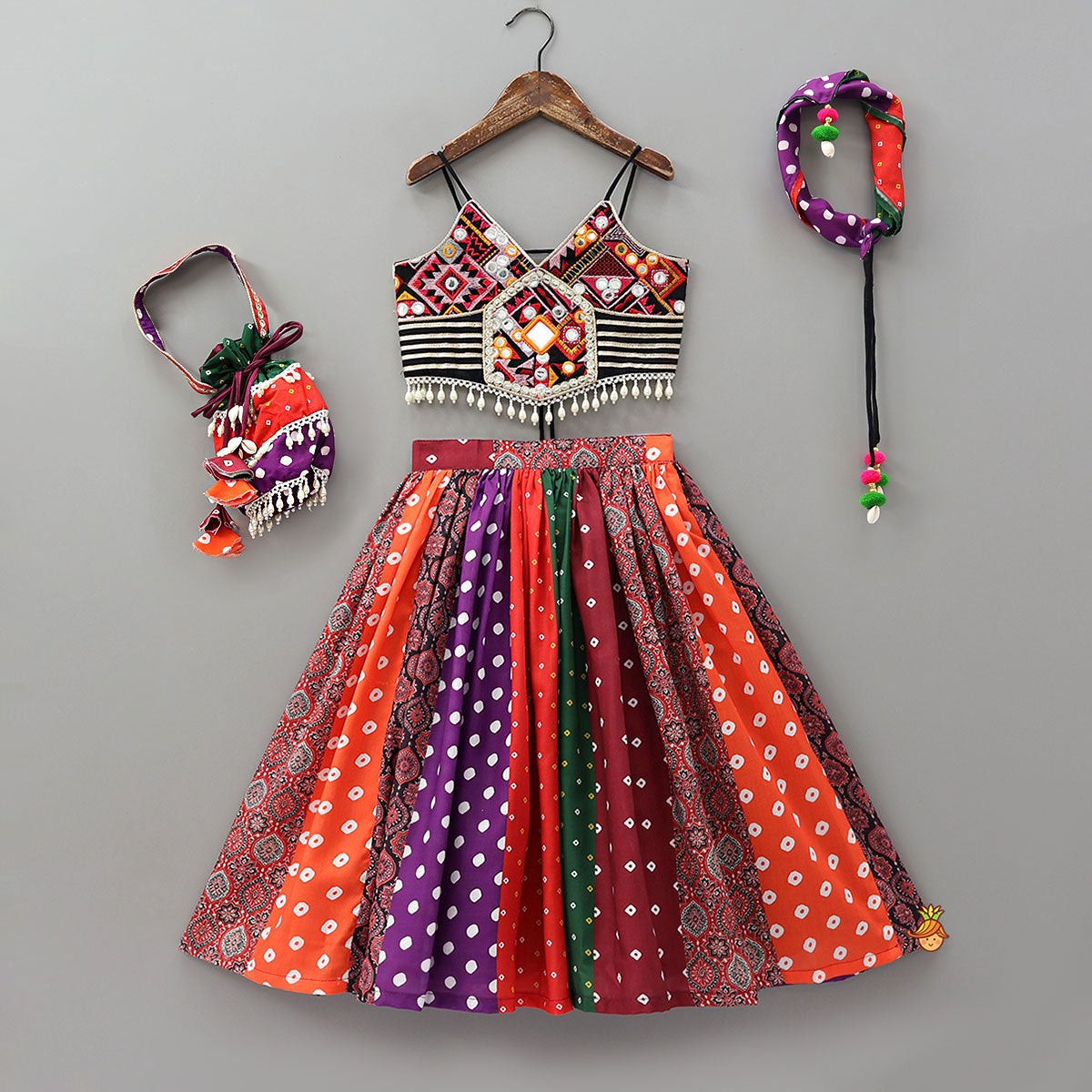 Strappy Mirror Embroidered Top With Lehenga And Bandana With Potli Bag