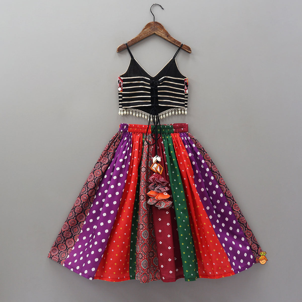Strappy Mirror Embroidered Top With Lehenga And Bandana With Potli Bag
